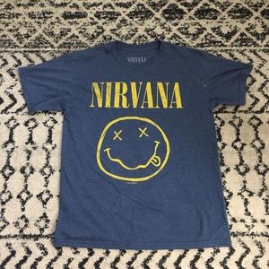 A blue and yellow nirvana shirt